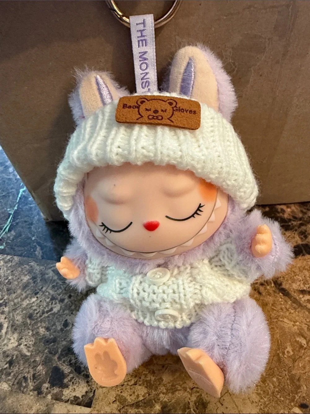 Lavender Bunny Plush Keychain with Cream Knit Hat